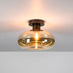 Bronze plafondlamp met rond beige glas - Santa Soll