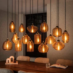 Grote eettafel hanglamp amber glas - Santa Rib Glass