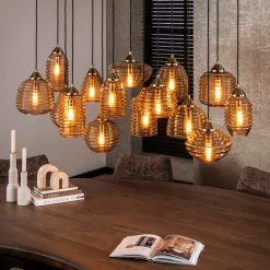 Grote eettafel hanglamp amber glas - Santa Rib Glass