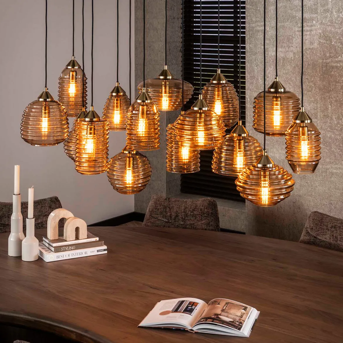 Grote eettafel hanglamp amber glas - Santa Rib Glass