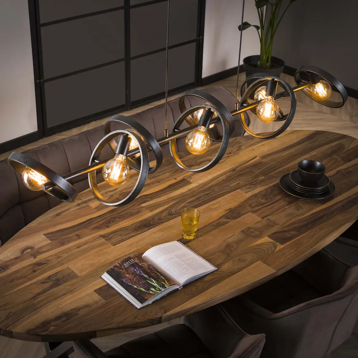 Grote hanglamp metalen ringen zwart - Santa Hover 8