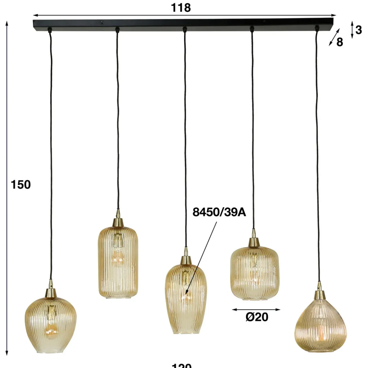 Hanglamp met 5 amberkleurige kappen - Santa Dale