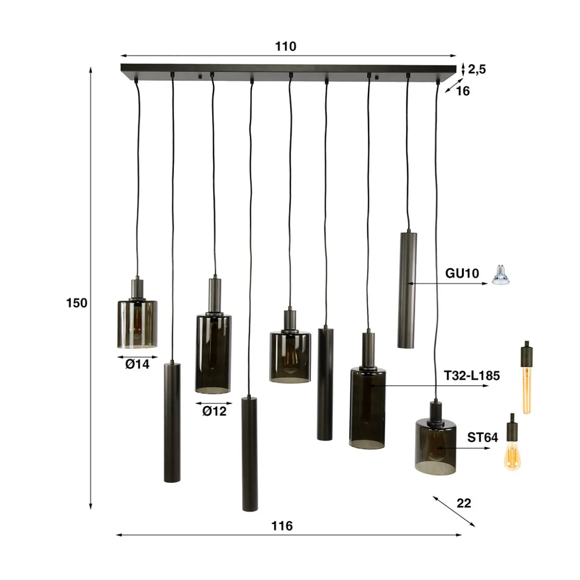 Hanglamp met cilindervormige glazen - Santa Sepiora
