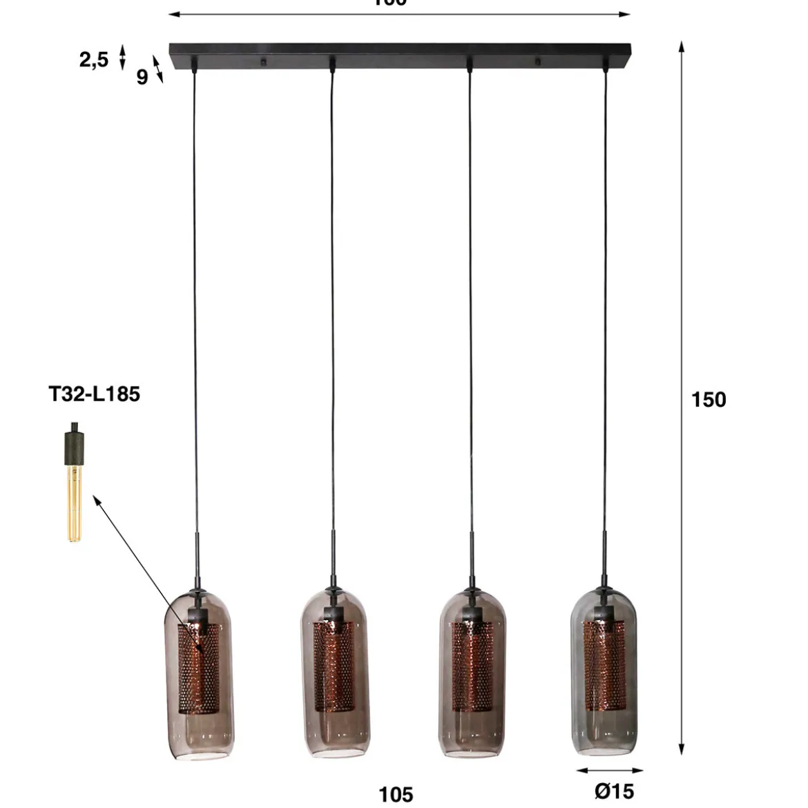 Hanglamp rookglas en geperforeerd staal - Santa Smoke Glass