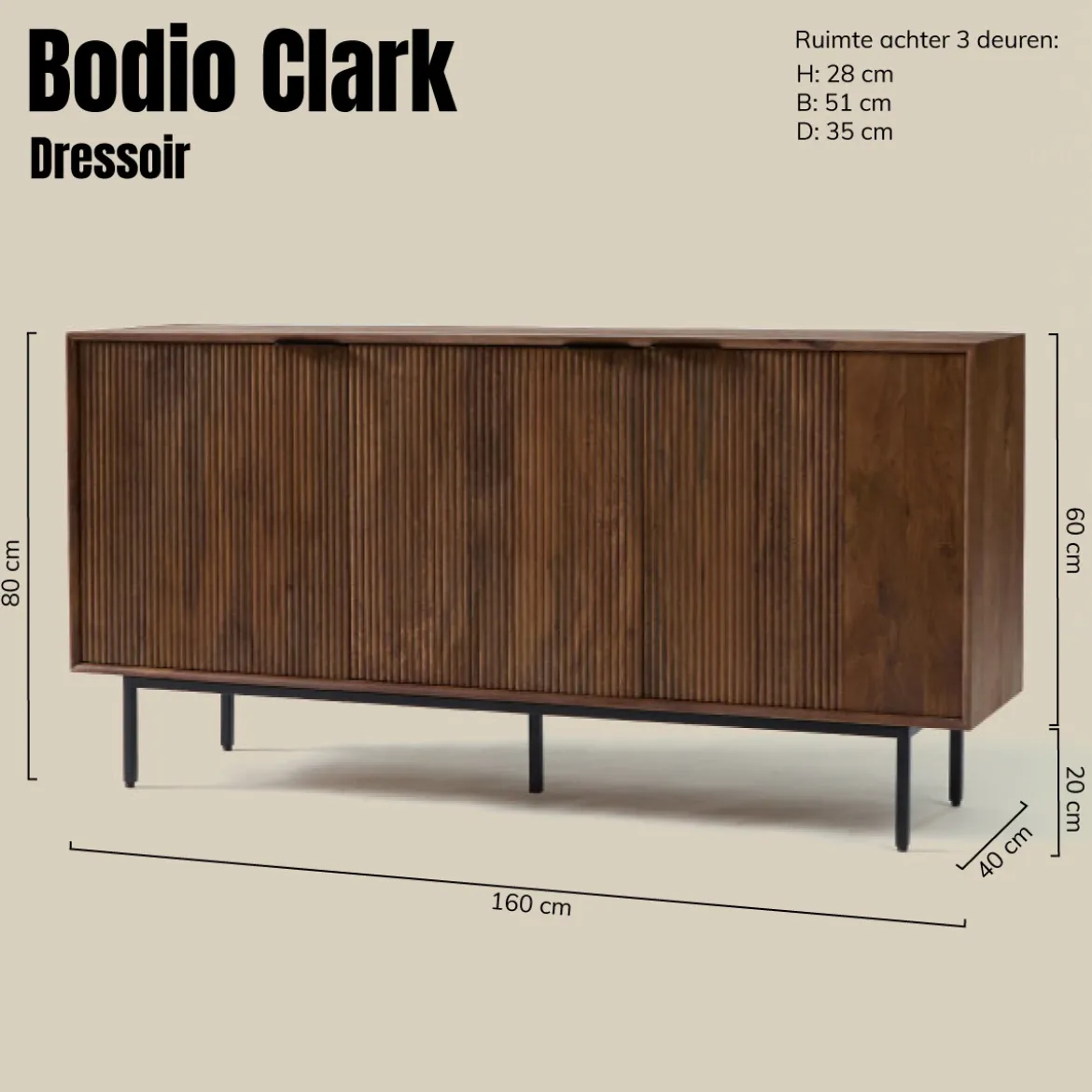 Houten dressoir met ribbel deuren - Bodio Clark