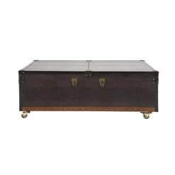 Kist salontafel bruin leer op wielen - Kare Design Colonial