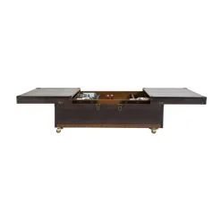 Kist salontafel bruin leer op wielen - Kare Design Colonial