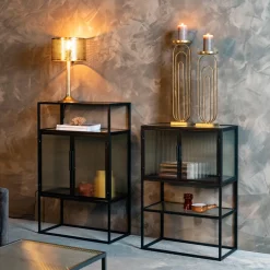 Ribbelglas vitrinekastje zwart - Dutchbone Boli