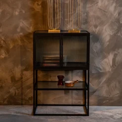 Ribbelglas vitrinekastje zwart - Dutchbone Boli