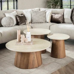 Ronde salontafelset hout en travertin - Giani Romano