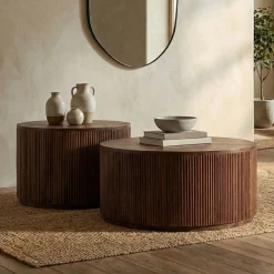 Ronde salontafel set ribbel hout - Bodio Mirah