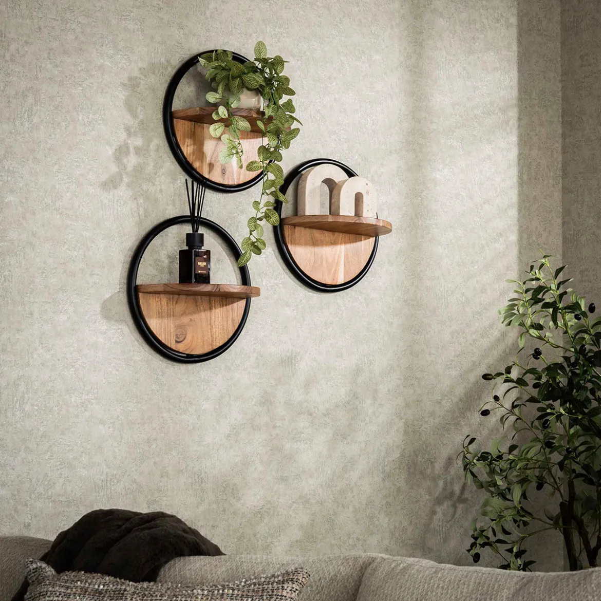 Ronde wandplankjes hout set van 3 - Giani Round