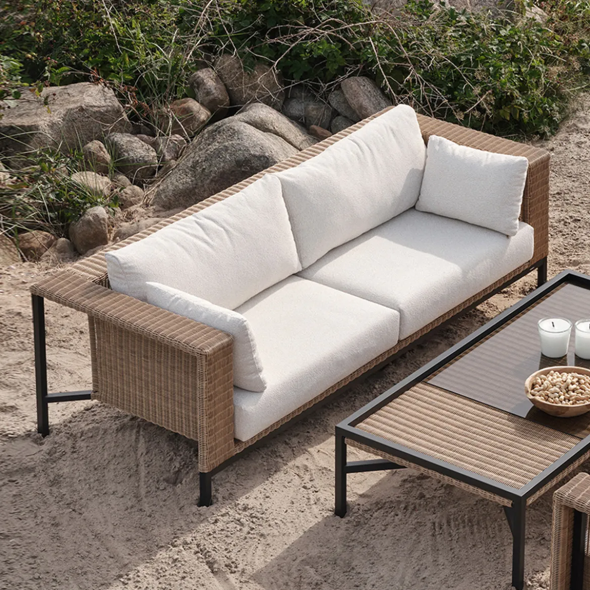 Rotan loungeset bank olefin teddy stof - Brafab Shell