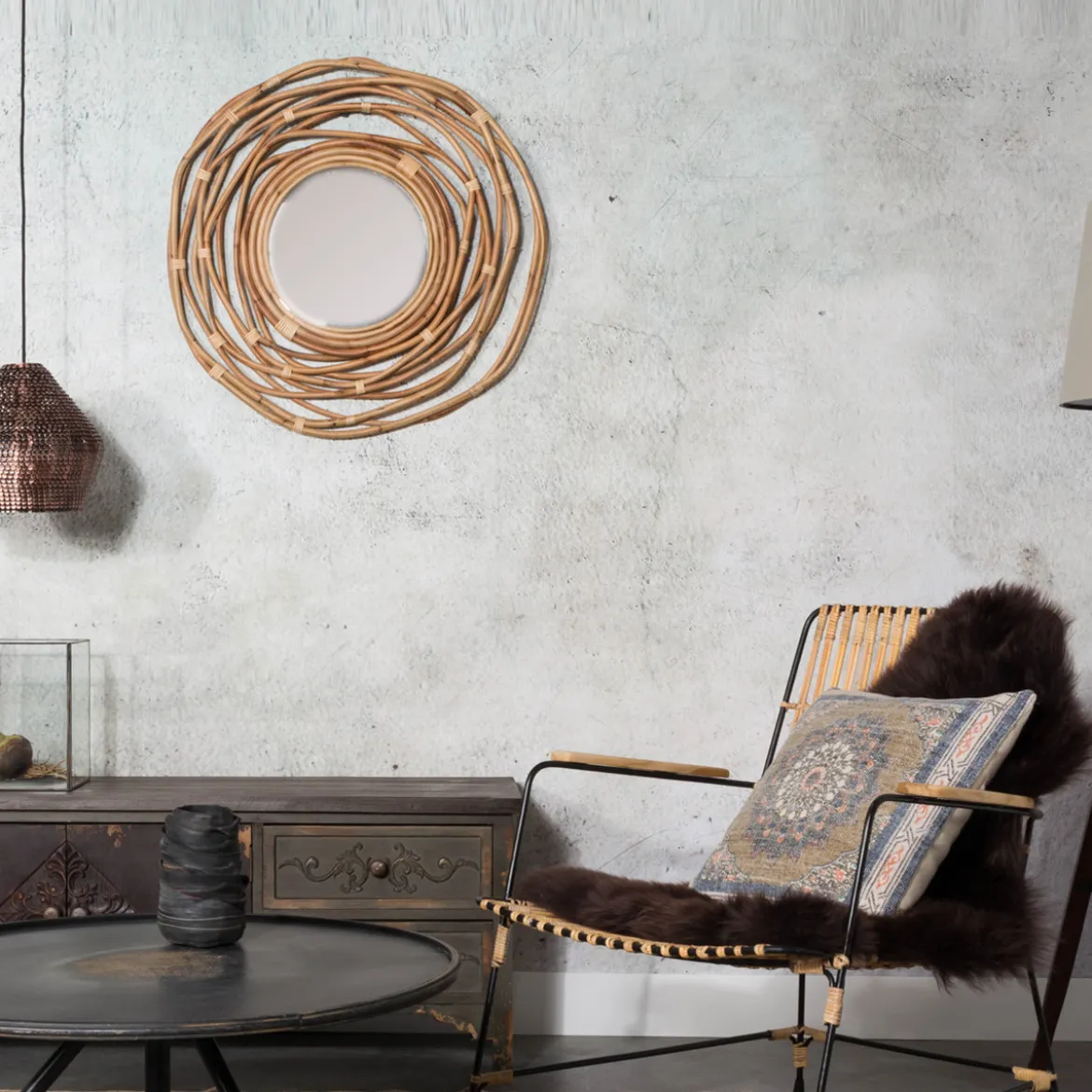 Rotan spiegel rond - Dutchbone Kubu