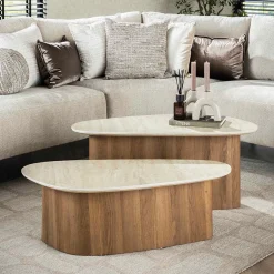 Salontafelset driehoek hout en travertin - Giani Romano