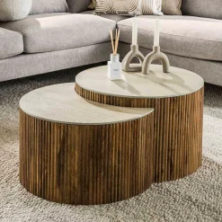 Set salontafels ribbelhout en traverin - Giani Nuovo