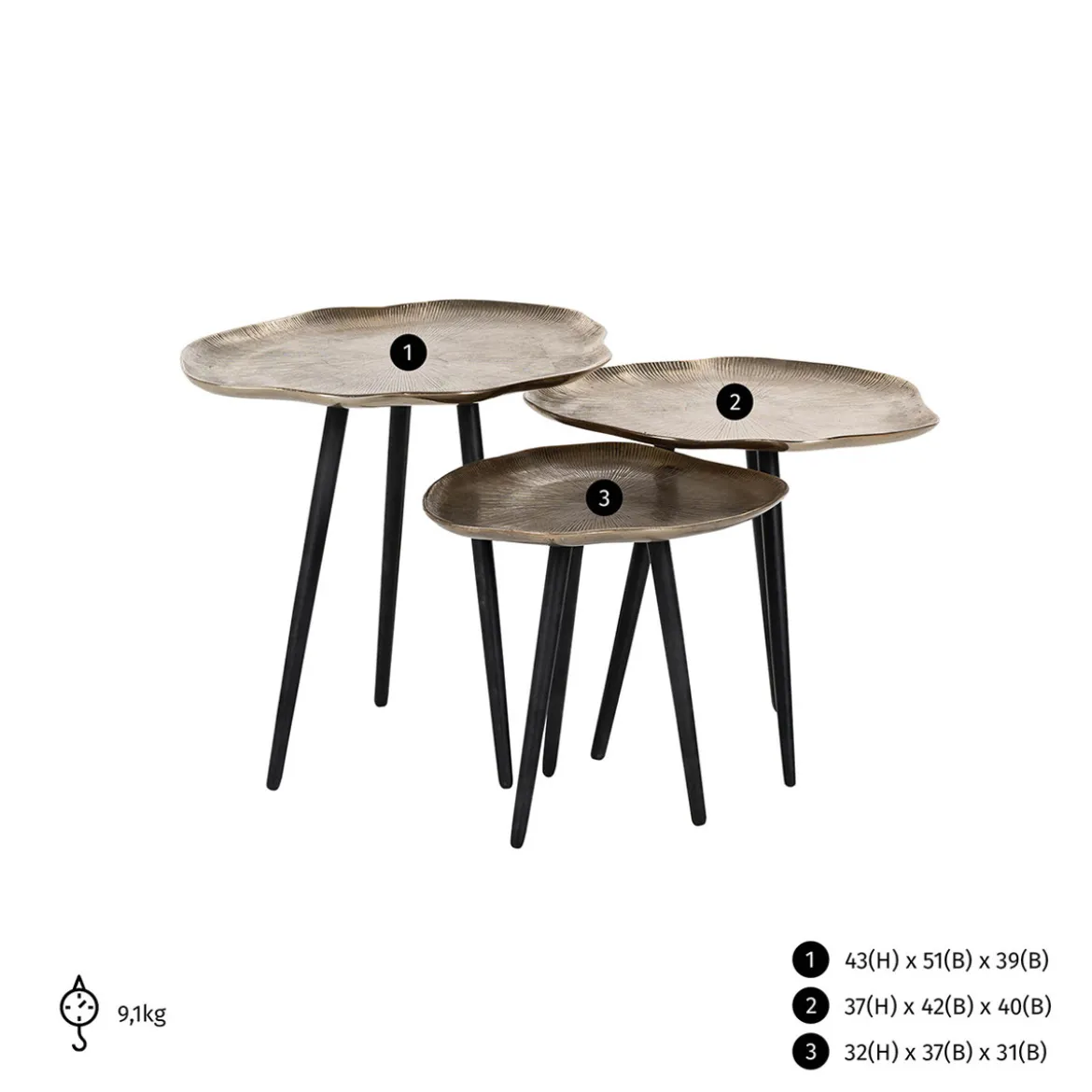 Set van 3 tafeltjes aluminium - Richmond Interiors Volenta