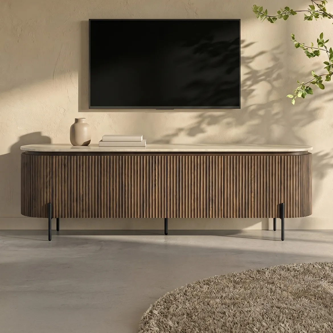 TV meubel walnoot met marmer - Bodio Hinoki