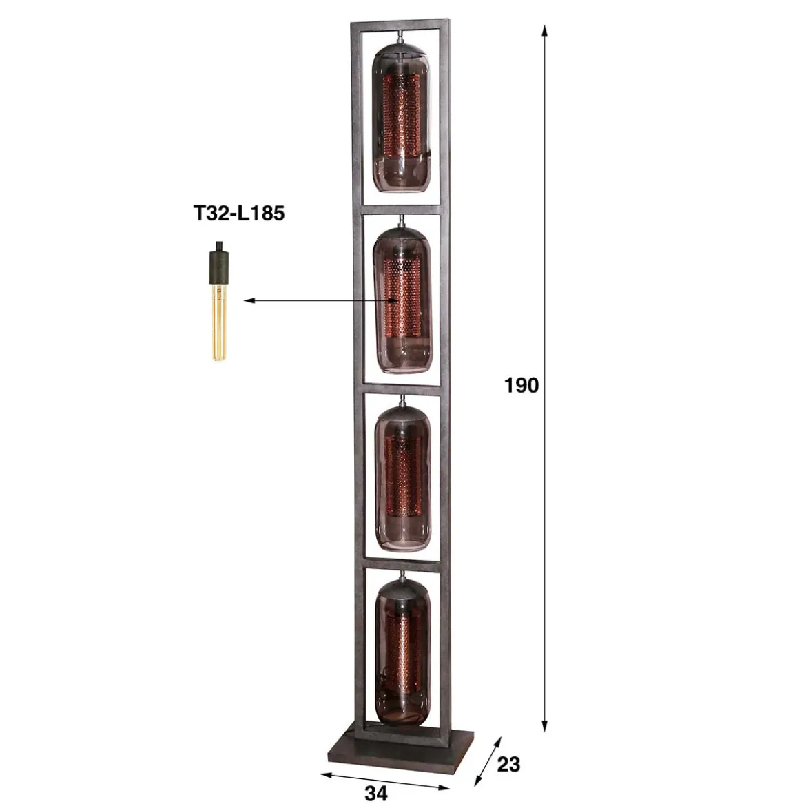 Vloerlamp 4L metaal en rookglas - Santa Tower Smoke Glass
