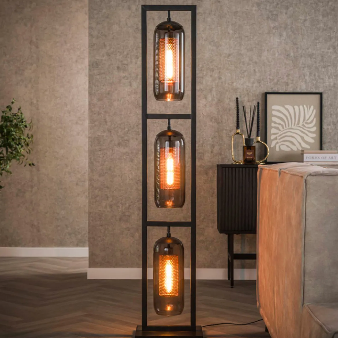Vloerlamp 3L metaal en rookglas - Santa Tower Smoke Glass
