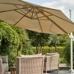 Zwevende parasol beige en houtprint 350 cm - Brafab Luzzi