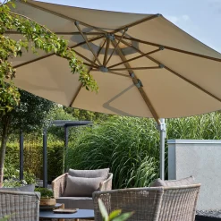 Zwevende parasol beige en houtprint 350 cm - Brafab Luzzi