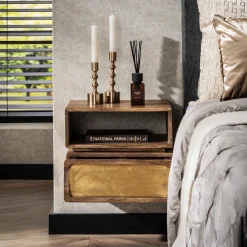 Zwevend nachtkastje hout en goud - Giani Brass