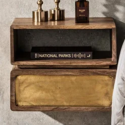Zwevend nachtkastje hout en goud - Giani Brass